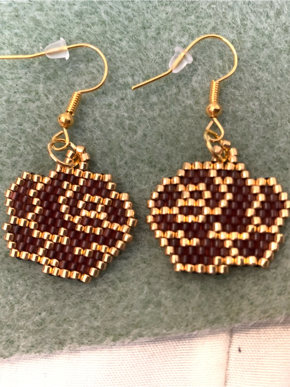 Gold and Deep Translucent Red Beaded Rose Earrings